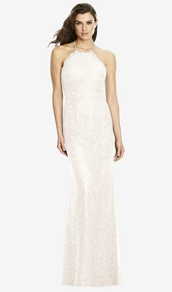 Front View - Ivory Halter Criss Cross Open-Back Lace Trumpet Gown