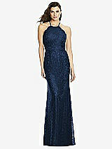 Front View Thumbnail - Midnight Navy Halter Criss Cross Open-Back Lace Trumpet Gown