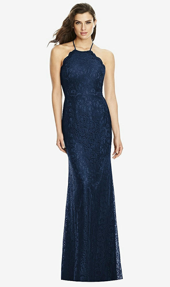 Front View - Midnight Navy Halter Criss Cross Open-Back Lace Trumpet Gown