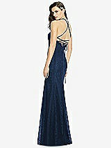 Rear View Thumbnail - Midnight Navy Halter Criss Cross Open-Back Lace Trumpet Gown