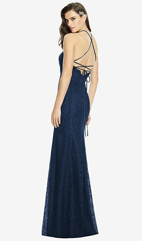 Back View - Midnight Navy Halter Criss Cross Open-Back Lace Trumpet Gown