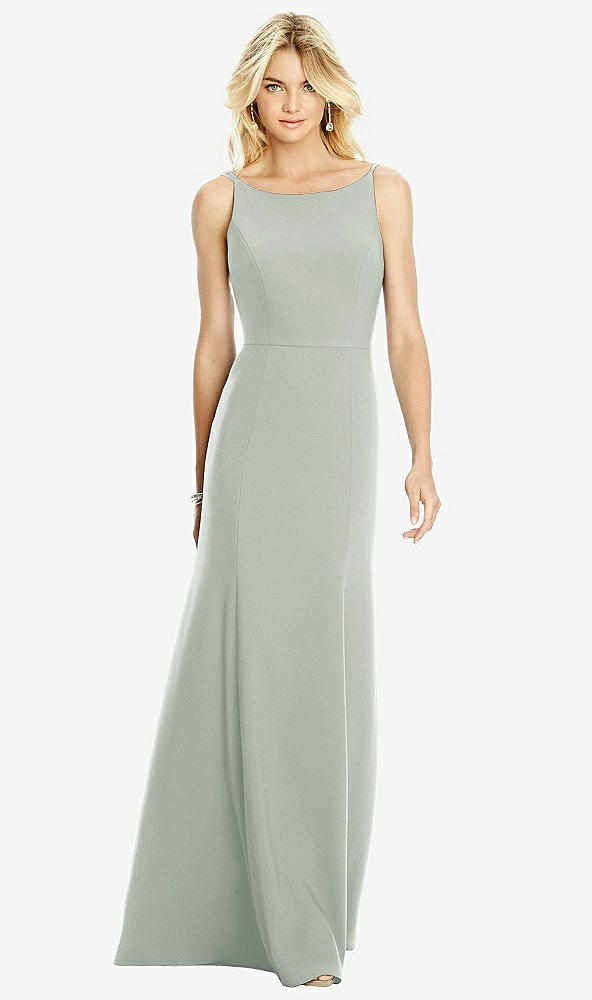 Back View - Willow Green Bateau Neck Open-Back Trumpet Gown