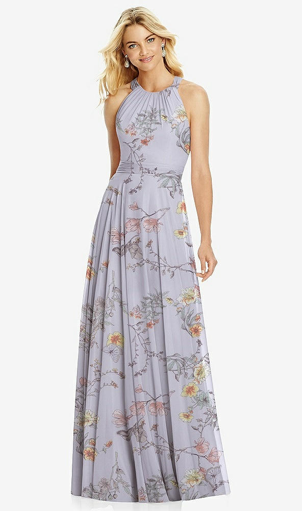 Front View - Butterfly Botanica Silver Dove Cross Strap Open-Back Halter Maxi Dress
