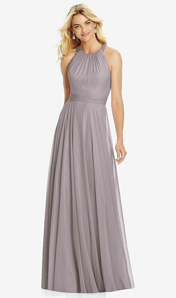 Front View - Cashmere Gray Cross Strap Open-Back Halter Maxi Dress
