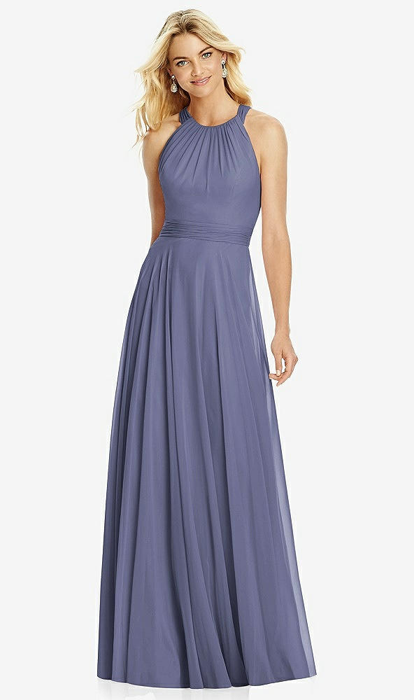 Front View - French Blue Cross Strap Open-Back Halter Maxi Dress
