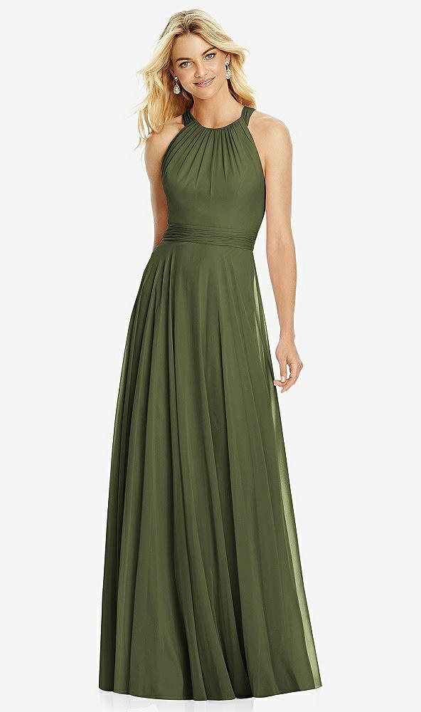 Front View - Olive Green Cross Strap Open-Back Halter Maxi Dress