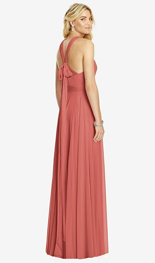 Back View - Coral Pink Cross Strap Open-Back Halter Maxi Dress