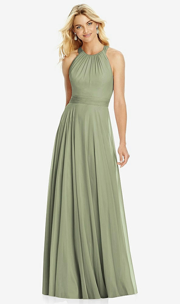 Front View - Sage Cross Strap Open-Back Halter Maxi Dress