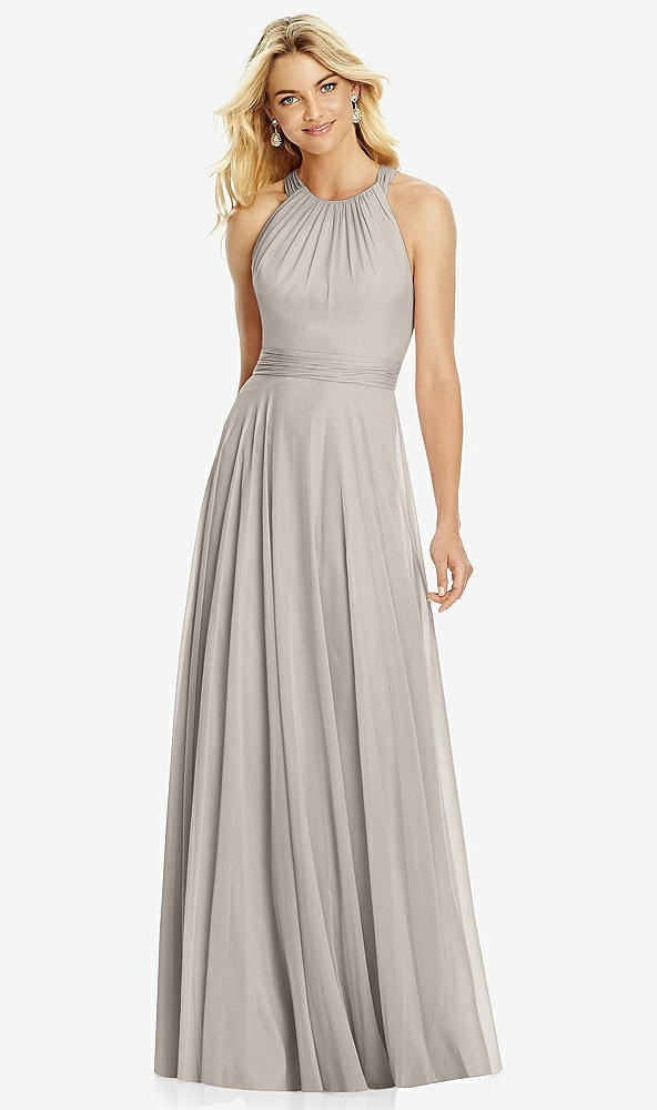 Front View - Taupe Cross Strap Open-Back Halter Maxi Dress