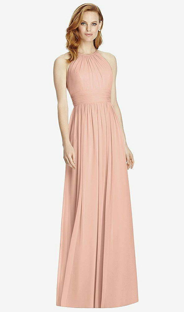 Front View - Pale Peach Cutout Open-Back Shirred Halter Maxi Dress