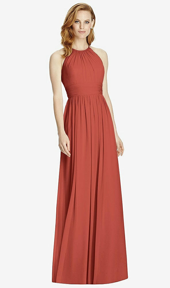 Front View - Amber Sunset Cutout Open-Back Shirred Halter Maxi Dress