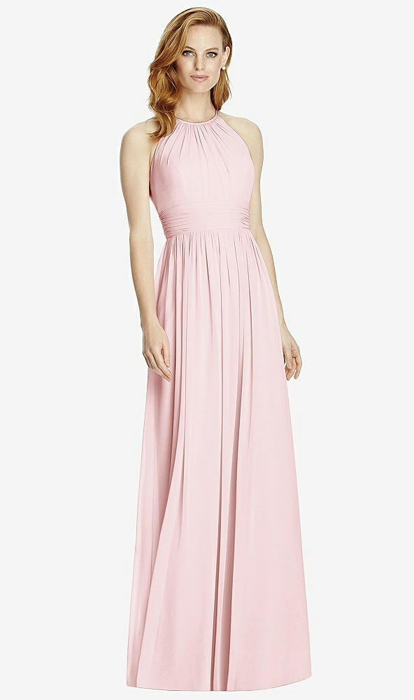 Front View - Ballet Pink Cutout Open-Back Shirred Halter Maxi Dress