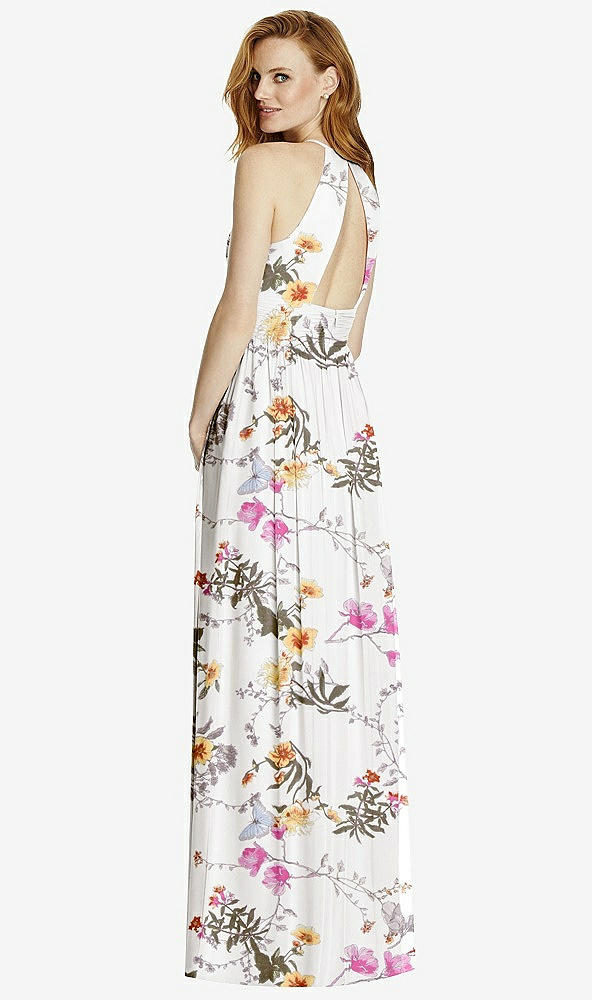 Back View - Butterfly Botanica Ivory Cutout Open-Back Shirred Halter Maxi Dress