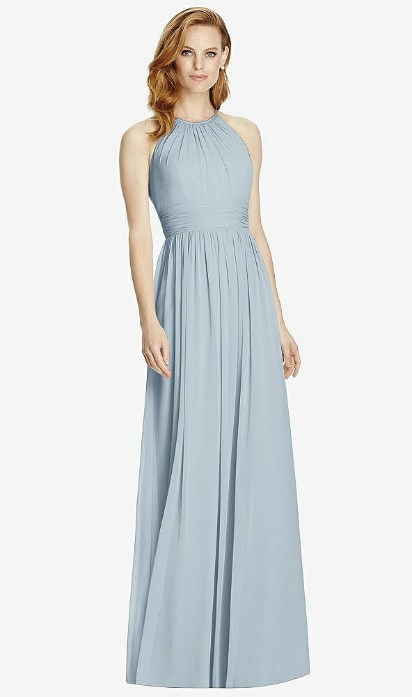 Front View - Mist Cutout Open-Back Shirred Halter Maxi Dress