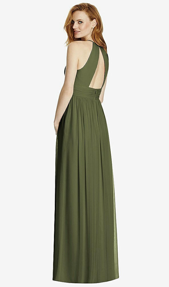 Back View - Olive Green Cutout Open-Back Shirred Halter Maxi Dress