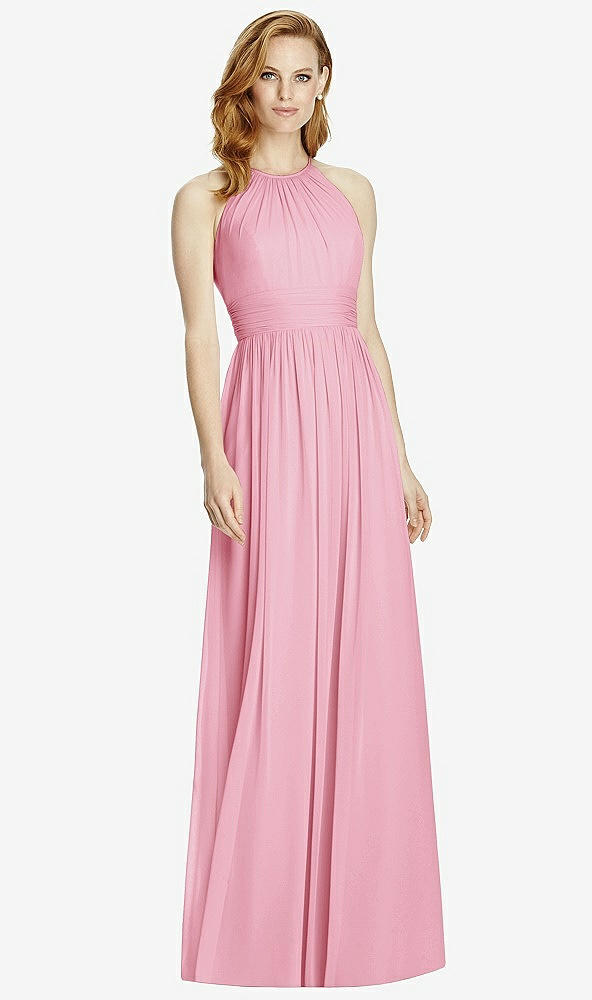 Front View - Peony Pink Cutout Open-Back Shirred Halter Maxi Dress