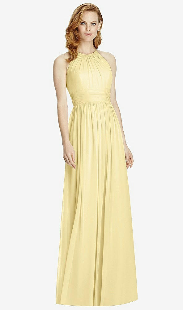 Front View - Pale Yellow Cutout Open-Back Shirred Halter Maxi Dress