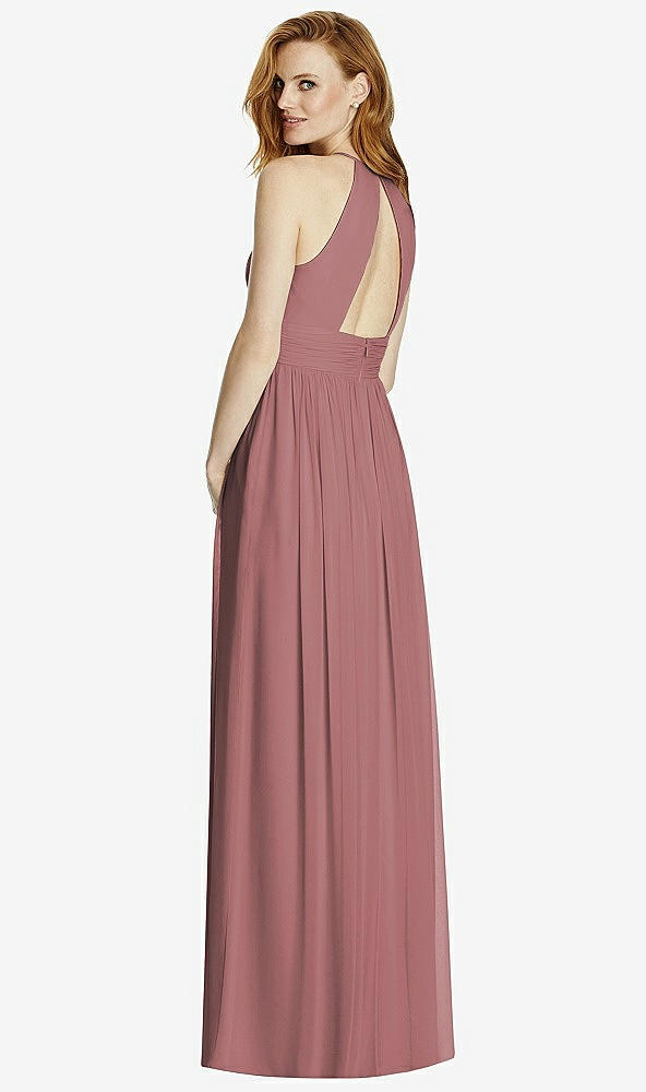 Back View - Rosewood Cutout Open-Back Shirred Halter Maxi Dress