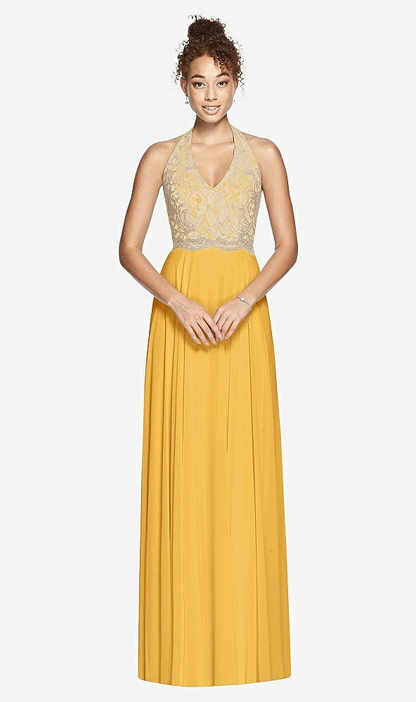 Front View - NYC Yellow & Cameo Studio Design Collection 4512 Full Length Halter Top Bridesmaid Dress