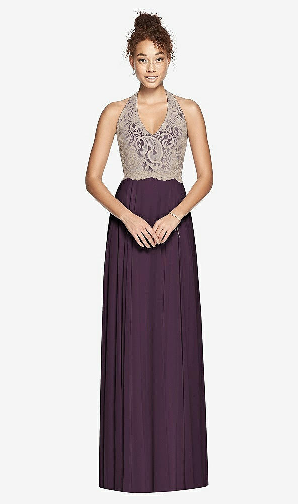 Front View - Aubergine & Cameo Studio Design Collection 4512 Full Length Halter Top Bridesmaid Dress