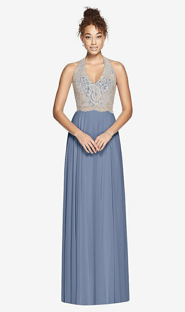 Front View - Larkspur Blue & Cameo Studio Design Collection 4512 Full Length Halter Top Bridesmaid Dress