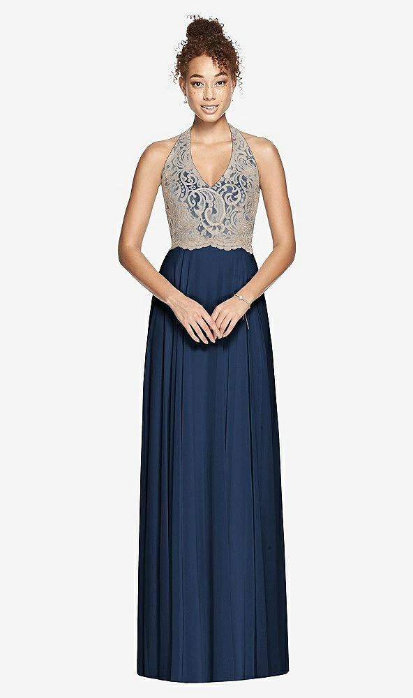 Front View - Midnight Navy & Cameo Studio Design Collection 4512 Full Length Halter Top Bridesmaid Dress