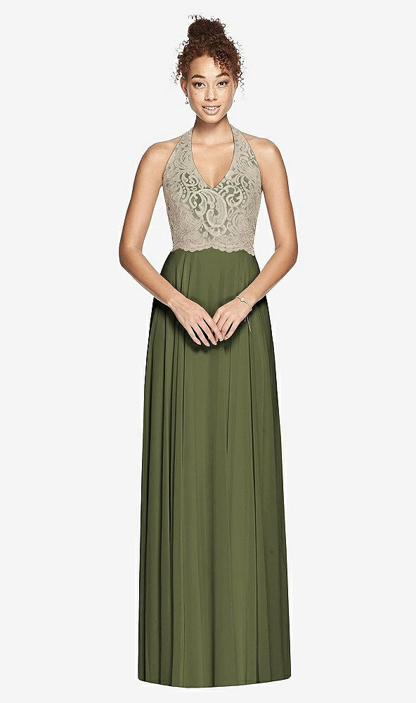Front View - Olive Green & Cameo Studio Design Collection 4512 Full Length Halter Top Bridesmaid Dress