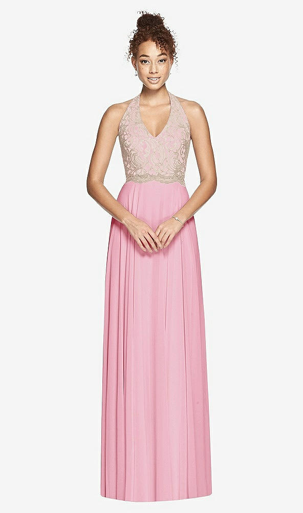 Front View - Peony Pink & Cameo Studio Design Collection 4512 Full Length Halter Top Bridesmaid Dress