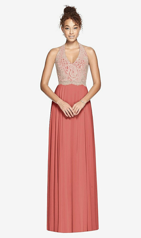 Front View - Coral Pink & Cameo Studio Design Collection 4512 Full Length Halter Top Bridesmaid Dress
