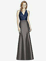 Front View Thumbnail - Caviar Gray & Midnight Navy Studio Design Collection 4514 Full Length Halter V-Neck Bridesmaid Dress