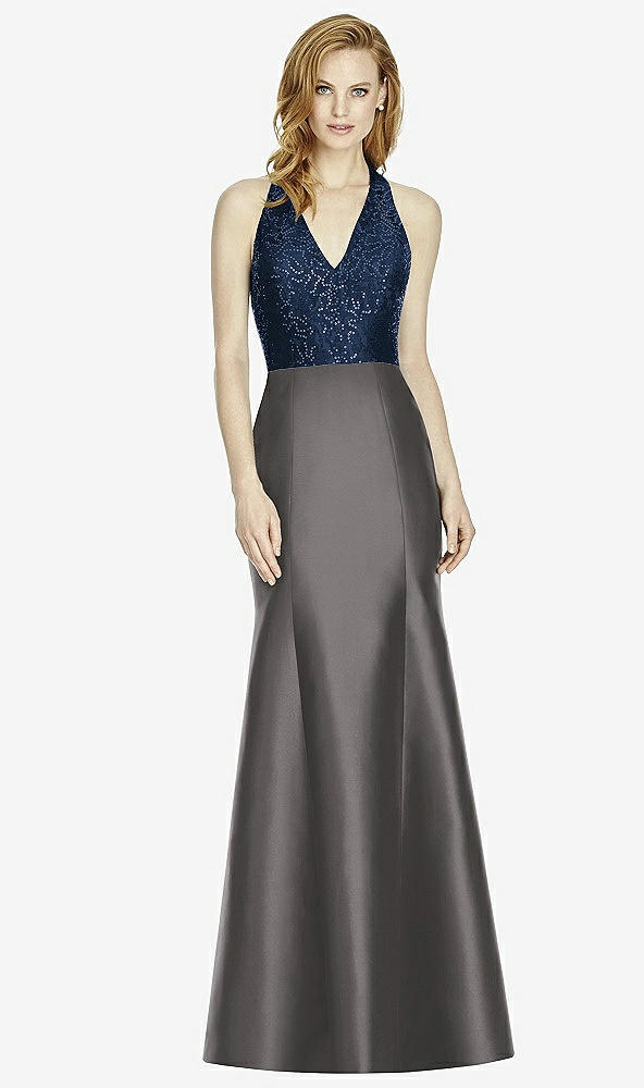 Front View - Caviar Gray & Midnight Navy Studio Design Collection 4514 Full Length Halter V-Neck Bridesmaid Dress