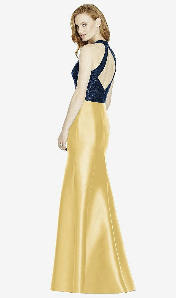 Back View - Maize & Midnight Navy Studio Design Collection 4514 Full Length Halter V-Neck Bridesmaid Dress