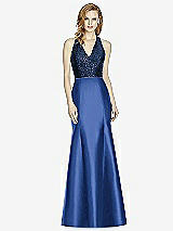 Front View Thumbnail - Classic Blue & Midnight Navy Studio Design Collection 4514 Full Length Halter V-Neck Bridesmaid Dress