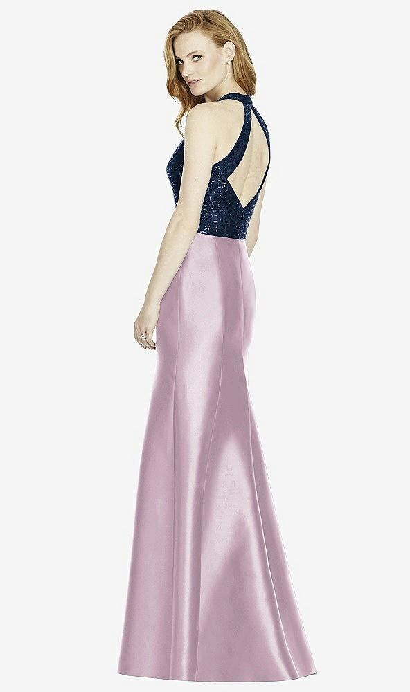 Back View - Suede Rose & Midnight Navy Studio Design Collection 4514 Full Length Halter V-Neck Bridesmaid Dress