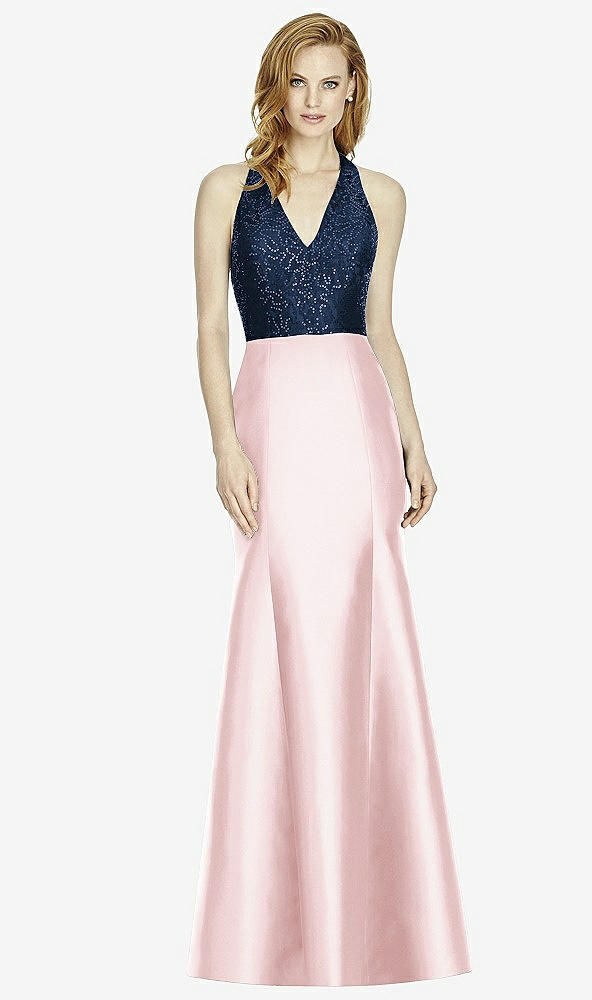 Front View - Ballet Pink & Midnight Navy Studio Design Collection 4514 Full Length Halter V-Neck Bridesmaid Dress