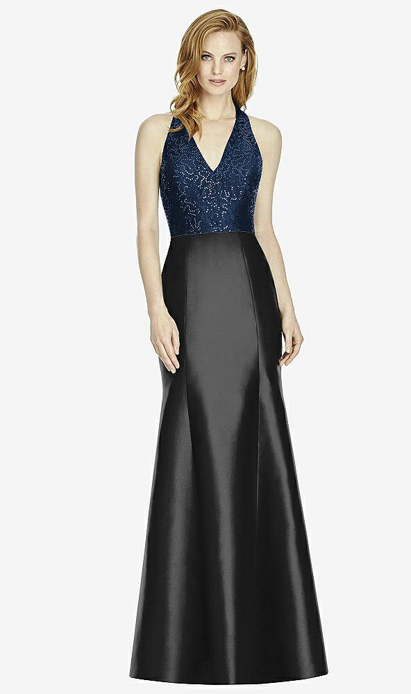 Front View - Black & Midnight Navy Studio Design Collection 4514 Full Length Halter V-Neck Bridesmaid Dress