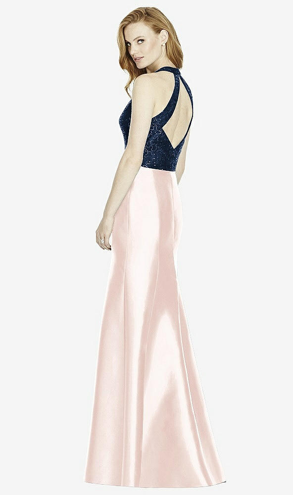 Back View - Blush & Midnight Navy Studio Design Collection 4514 Full Length Halter V-Neck Bridesmaid Dress