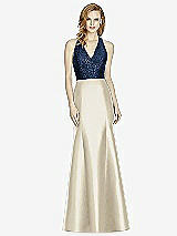 Front View Thumbnail - Champagne & Midnight Navy Studio Design Collection 4514 Full Length Halter V-Neck Bridesmaid Dress