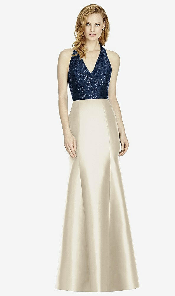 Front View - Champagne & Midnight Navy Studio Design Collection 4514 Full Length Halter V-Neck Bridesmaid Dress