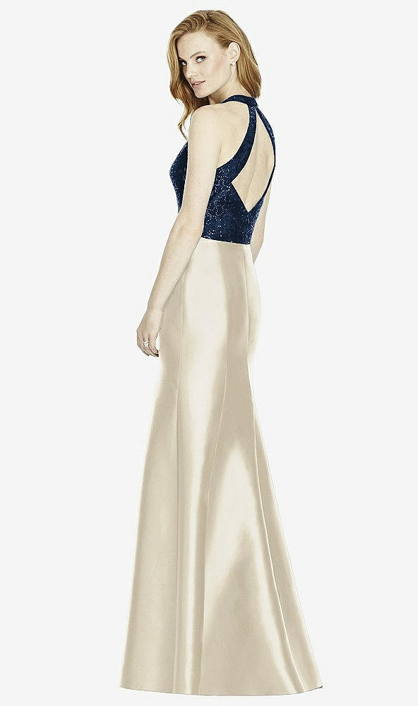 Back View - Champagne & Midnight Navy Studio Design Collection 4514 Full Length Halter V-Neck Bridesmaid Dress