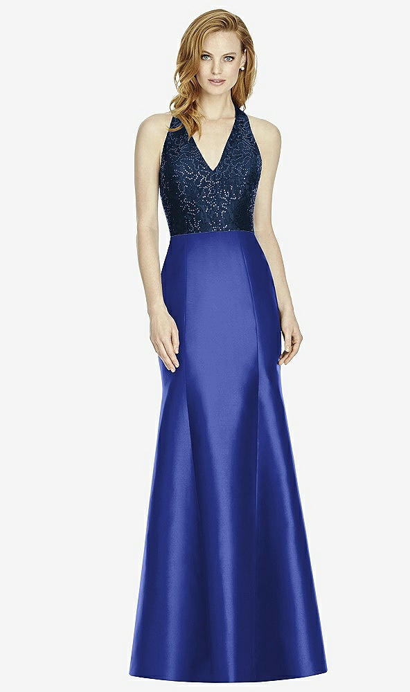 Front View - Cobalt Blue & Midnight Navy Studio Design Collection 4514 Full Length Halter V-Neck Bridesmaid Dress