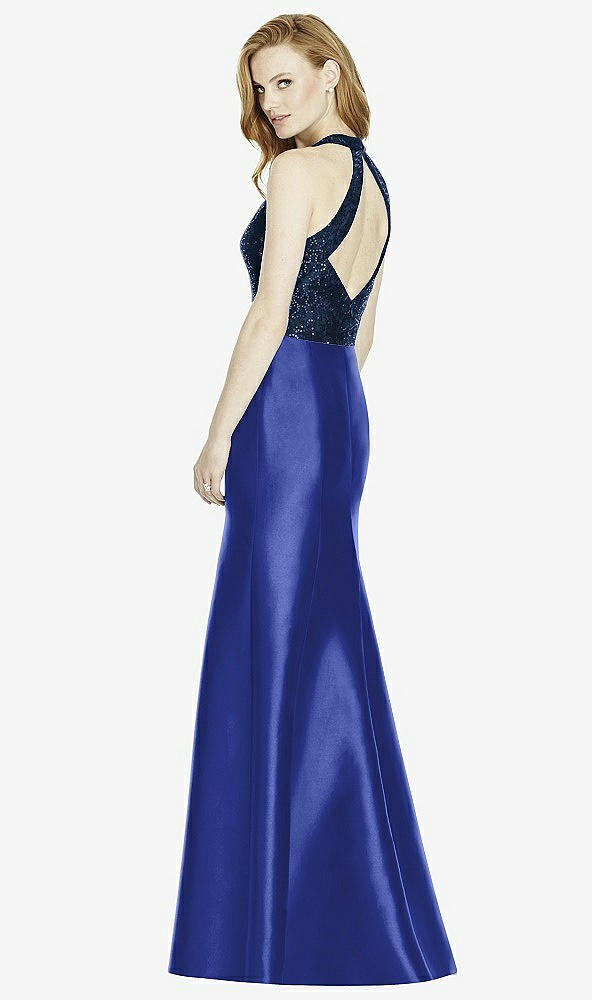 Back View - Cobalt Blue & Midnight Navy Studio Design Collection 4514 Full Length Halter V-Neck Bridesmaid Dress
