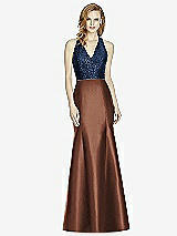 Front View Thumbnail - Cognac & Midnight Navy Studio Design Collection 4514 Full Length Halter V-Neck Bridesmaid Dress
