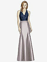 Front View Thumbnail - Cashmere Gray & Midnight Navy Studio Design Collection 4514 Full Length Halter V-Neck Bridesmaid Dress