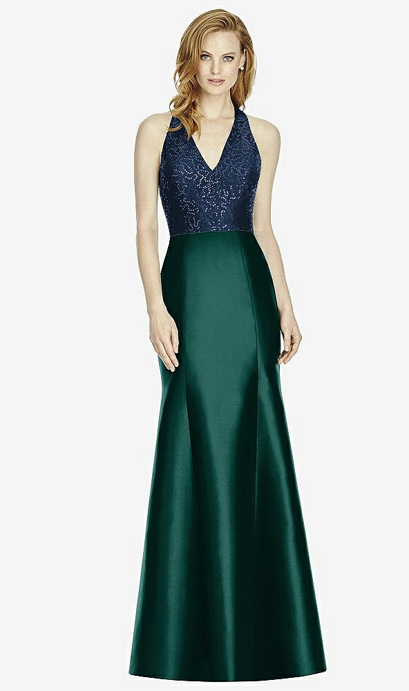 Front View - Evergreen & Midnight Navy Studio Design Collection 4514 Full Length Halter V-Neck Bridesmaid Dress