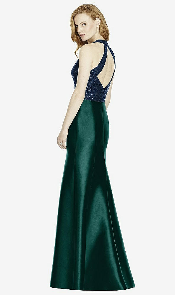 Back View - Evergreen & Midnight Navy Studio Design Collection 4514 Full Length Halter V-Neck Bridesmaid Dress