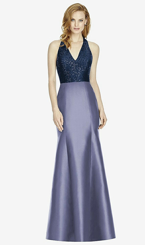 Front View - French Blue & Midnight Navy Studio Design Collection 4514 Full Length Halter V-Neck Bridesmaid Dress