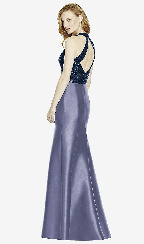 Back View - French Blue & Midnight Navy Studio Design Collection 4514 Full Length Halter V-Neck Bridesmaid Dress
