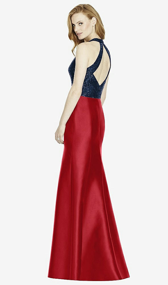 Back View - Garnet & Midnight Navy Studio Design Collection 4514 Full Length Halter V-Neck Bridesmaid Dress