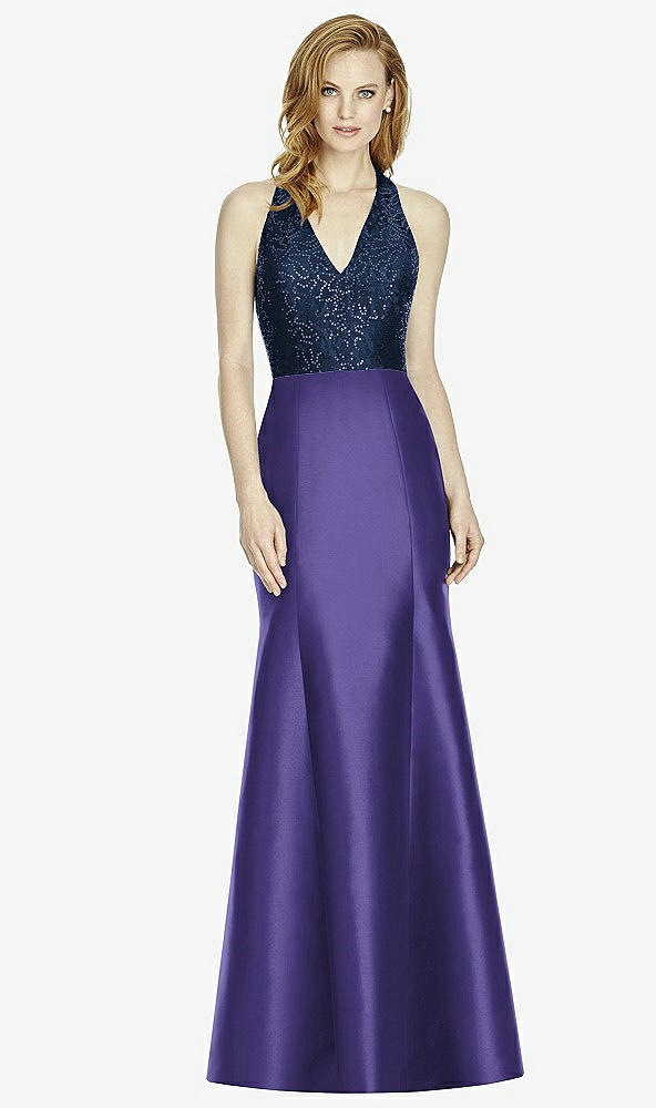 Front View - Grape & Midnight Navy Studio Design Collection 4514 Full Length Halter V-Neck Bridesmaid Dress